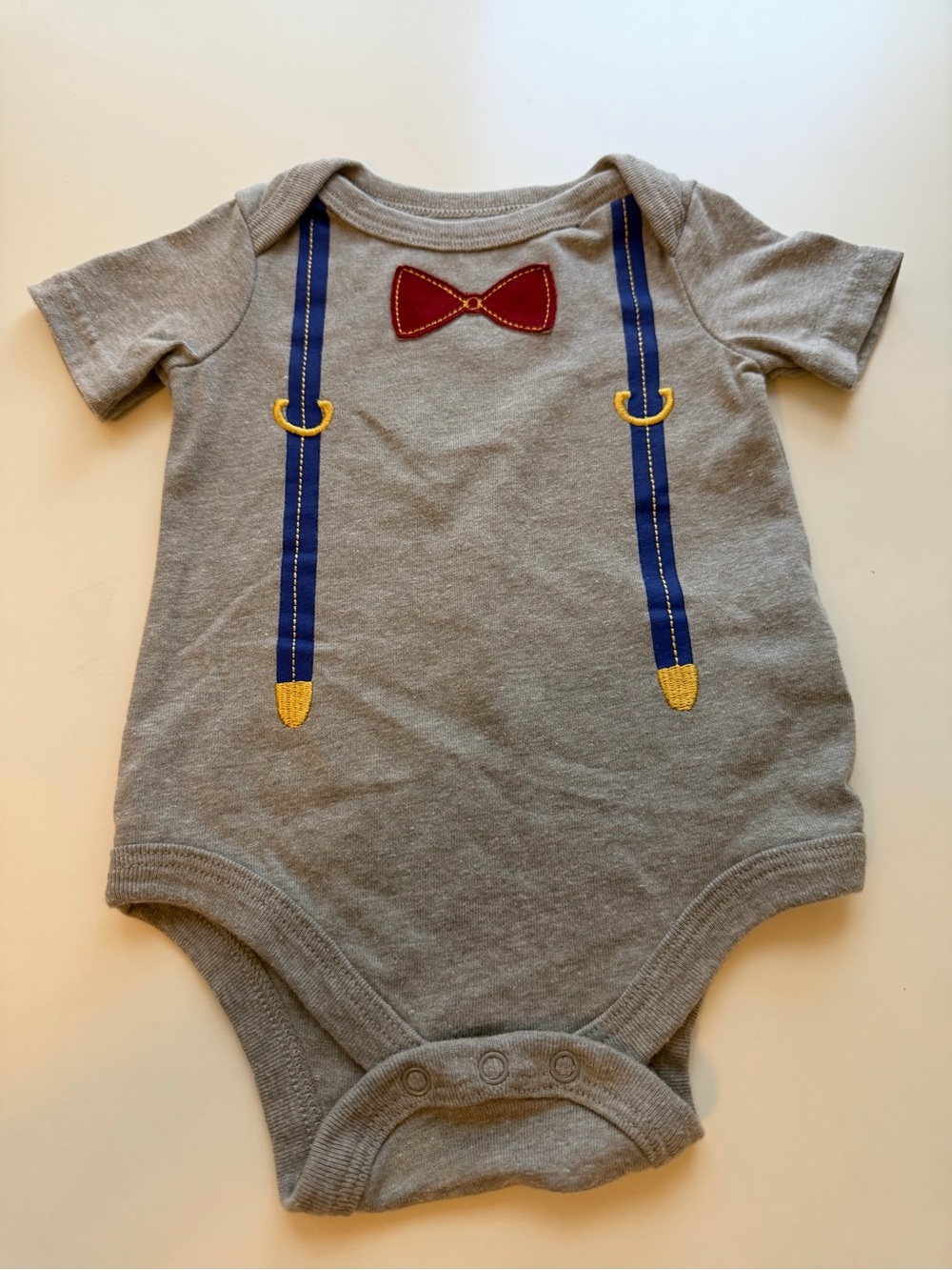 Cat & Jack Gray Onesie with Blue Suspenders and Red Bowtie